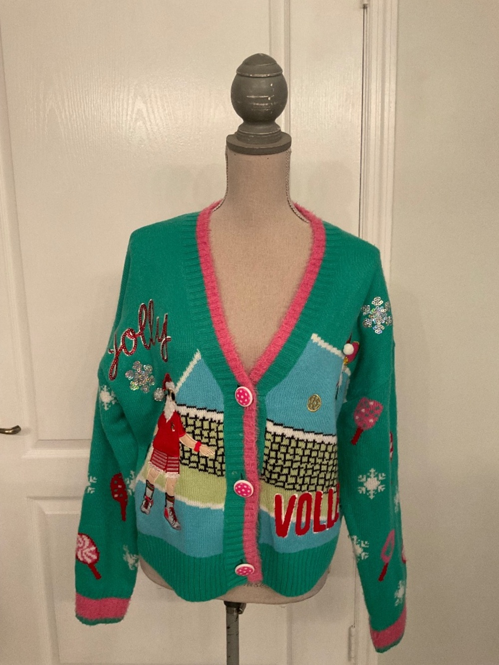 Major Major Christmas Green Embroidered/Patches Sweater Pickleball Theme size XL